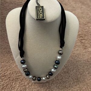 Honora multi-color pearl necklace on leather rope. 925 lobster clasp. Signed New